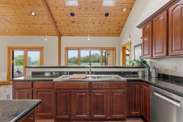 64 Shandalyn Ln, Bozeman, MT 59718 - kitchen with stainless steel dishwasher, a sink, wood ceiling, a peninsula, and light wood-style flooring