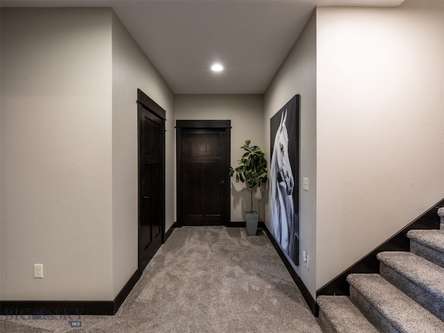 449 Minni Hall Rd, Bozeman, MT 59715 - foyer entrance featuring carpet flooring, stairway, and recessed lighting