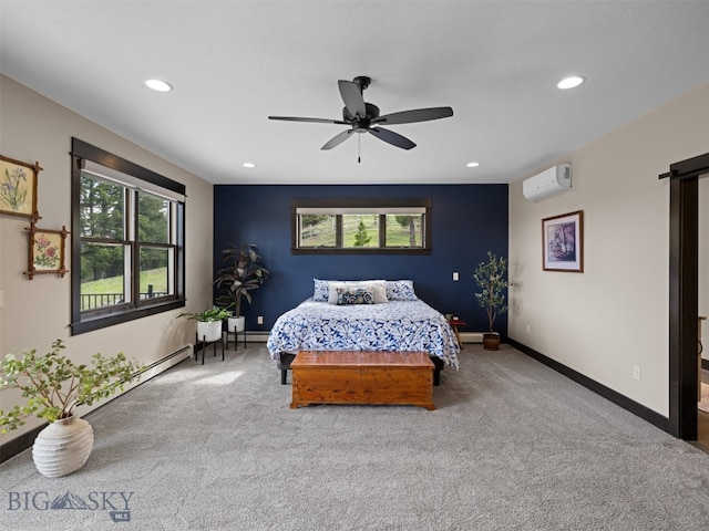 449 Minni Hall Rd, Bozeman, MT 59715 - carpeted bedroom featuring a barn door, a wall mounted air conditioner, recessed lighting, baseboards, and a ceiling fan