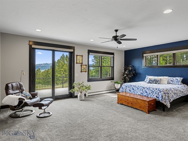 449 Minni Hall Rd, Bozeman, MT 59715 - carpeted bedroom with a baseboard radiator, access to outside, recessed lighting, and ceiling fan