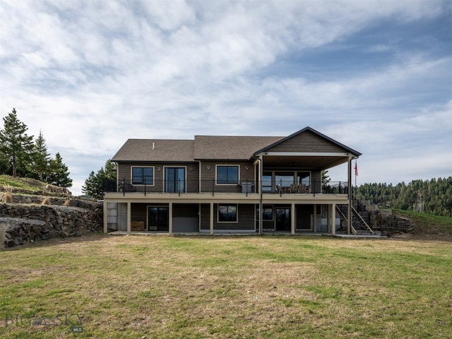 449 Minni Hall Rd, Bozeman, MT 59715 - rear view of property featuring stairs, a yard, and a wooden deck