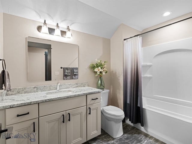 449 Minni Hall Rd, Bozeman, MT 59715 - full bath with vanity, shower / bathtub combination with curtain, marble look tile flooring, and recessed lighting