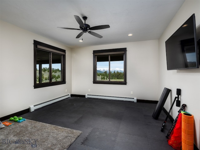 449 Minni Hall Rd, Bozeman, MT 59715 - workout area with a baseboard radiator, healthy amount of natural light, a ceiling fan, and recessed lighting