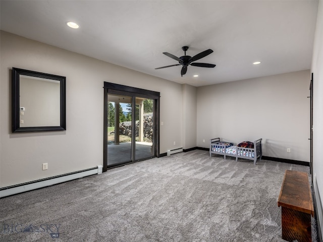 449 Minni Hall Rd, Bozeman, MT 59715 - unfurnished bedroom featuring access to outside, a baseboard radiator, carpet floors, recessed lighting, and a baseboard heating unit