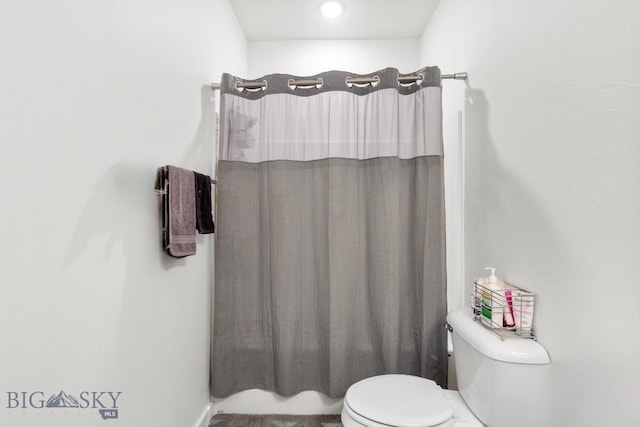 bathroom featuring toilet and a shower with shower curtain
