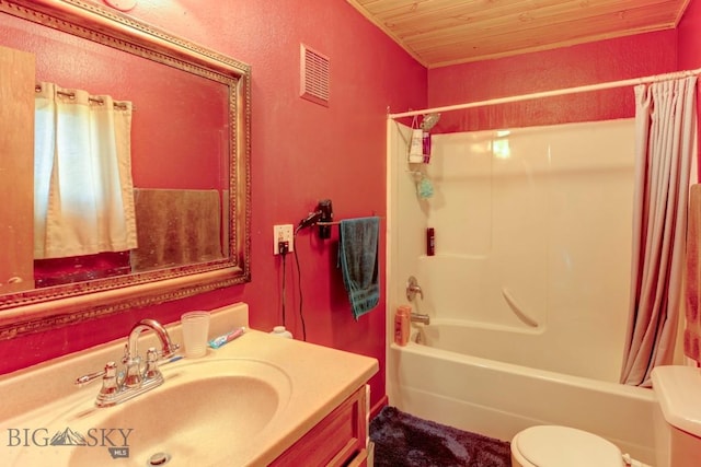 185 Elk Creek Rd N, Wilsall, MT 59086 - full bathroom with toilet, wood ceiling, shower / bath combo with shower curtain, and vanity