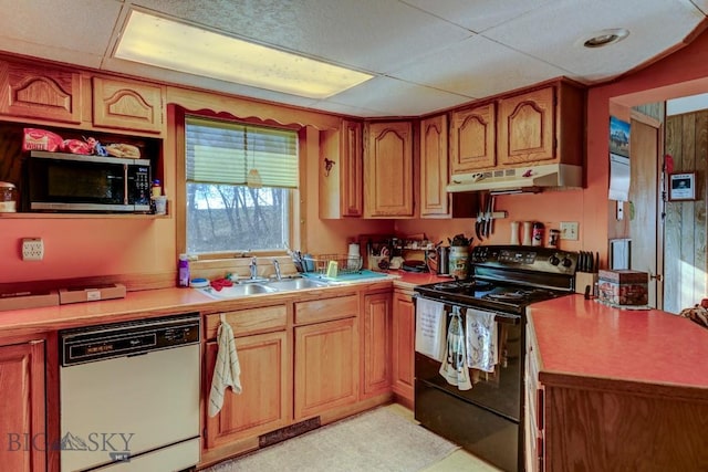 185 Elk Creek Rd N, Wilsall, MT 59086 - kitchen featuring dishwasher, black electric range, stainless steel microwave, under cabinet range hood, and a sink