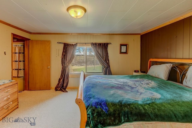 185 Elk Creek Rd N, Wilsall, MT 59086 - bedroom with ornamental molding, carpet flooring, and wooden walls