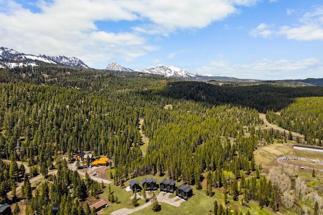 view of property location featuring a forest and a mountain backdrop