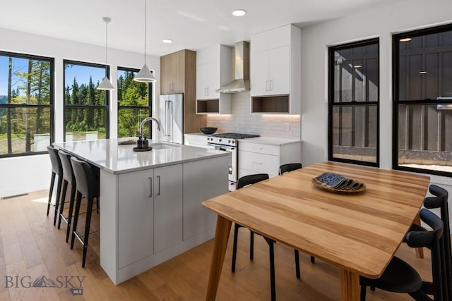 kitchen with wall chimney range hood, a sink, appliances with stainless steel finishes, light countertops, and tasteful backsplash