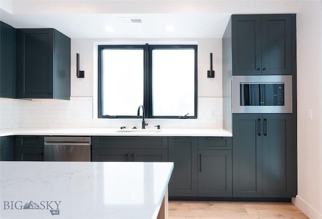 kitchen featuring a sink, appliances with stainless steel finishes, backsplash, light wood-type flooring, and recessed lighting