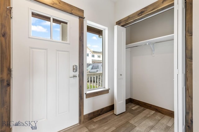 foyer entrance with wood finished floors, plenty of natural light, and baseboards