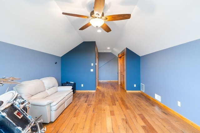 680 Countryside Ln, Belgrade, MT 59714 - sitting room with light wood-type flooring, vaulted ceiling, baseboards, and ceiling fan