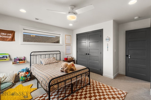 2032 Dennison Ln, Bozeman, MT 59718 - carpeted bedroom with a closet, baseboards, recessed lighting, and a ceiling fan