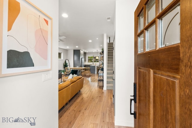 2032 Dennison Ln, Bozeman, MT 59718 - hall featuring light wood-style floors, recessed lighting, and stairway