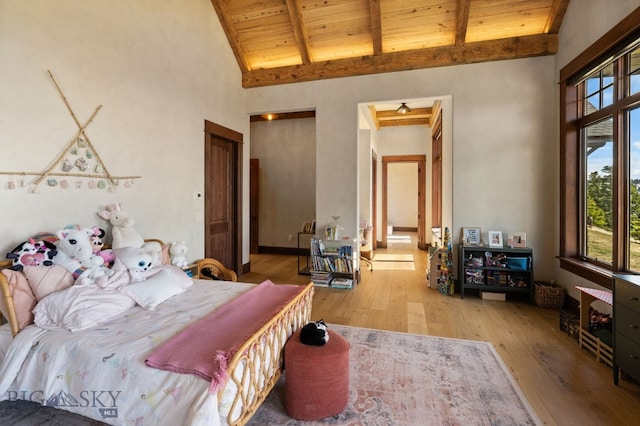 1220 Green Valley Way, Bozeman, MT 59715 - bedroom featuring wood ceiling, high vaulted ceiling, wood finished floors, and beamed ceiling