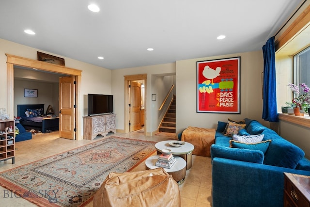 1220 Green Valley Way, Bozeman, MT 59715 - living area featuring recessed lighting, stairs, and light tile patterned flooring