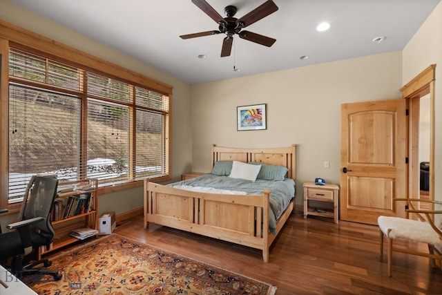 1220 Green Valley Way, Bozeman, MT 59715 - bedroom with dark wood-type flooring, recessed lighting, ceiling fan, baseboards, and an office area