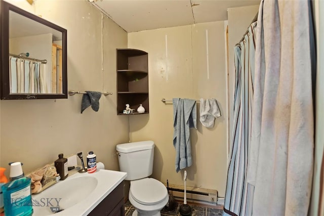 bathroom featuring a baseboard heating unit, toilet, a shower with shower curtain, and vanity