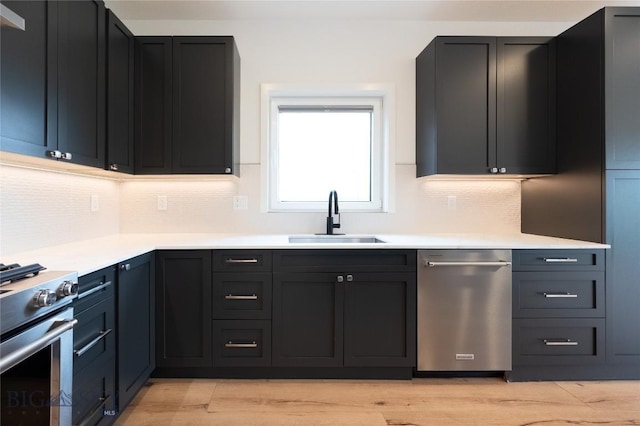 kitchen featuring appliances with stainless steel finishes, a sink, backsplash, light countertops, and light wood finished floors
