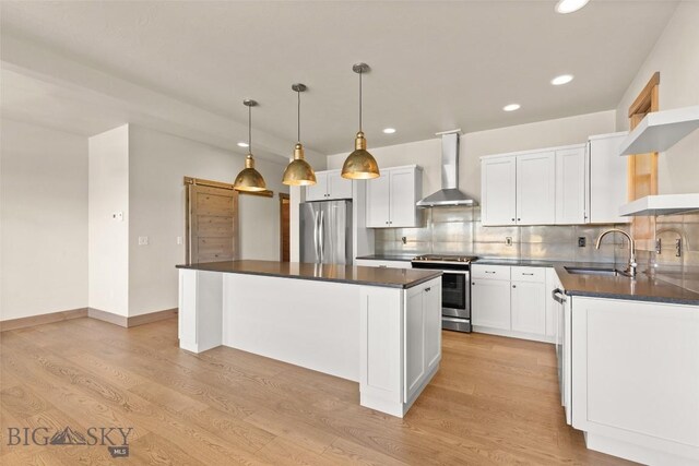 3164 S 15th Ave, Bozeman, MT 59715 - kitchen with appliances with stainless steel finishes, wall chimney exhaust hood, a sink, open shelves, and dark countertops