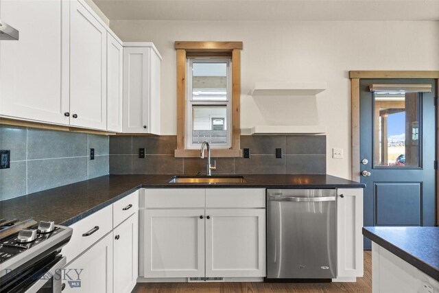 3164 S 15th Ave, Bozeman, MT 59715 - kitchen with stainless steel appliances, a sink, white cabinetry, and decorative backsplash