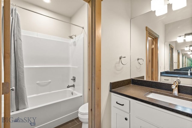 3164 S 15th Ave, Bozeman, MT 59715 - full bathroom with shower / bathtub combination with curtain, toilet, vanity, and tile patterned floors