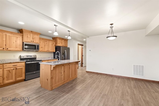 kitchen with appliances with stainless steel finishes, a sink, light wood-style floors, and recessed lighting