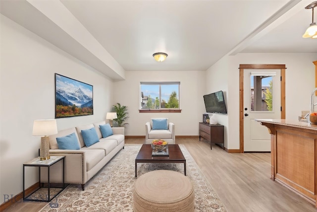 living area with healthy amount of natural light, light wood-style floors, and baseboards