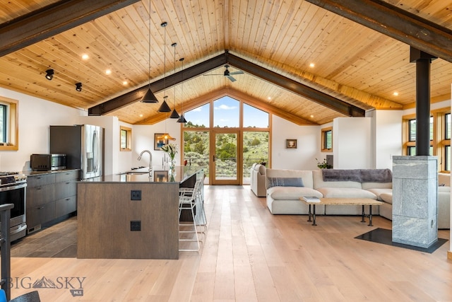 94 Rock Castle Rd, Manhattan, MT 59741 - kitchen with appliances with stainless steel finishes, dark countertops, open floor plan, wooden ceiling, and an island with sink