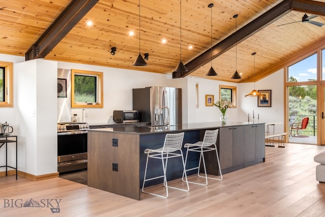 94 Rock Castle Rd, Manhattan, MT 59741 - kitchen featuring stainless steel appliances, wood ceiling, dark countertops, a large island, and light wood finished floors