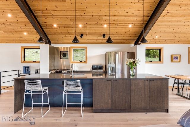 94 Rock Castle Rd, Manhattan, MT 59741 - kitchen featuring healthy amount of natural light, wood ceiling, dark countertops, a spacious island, and stainless steel refrigerator with ice dispenser