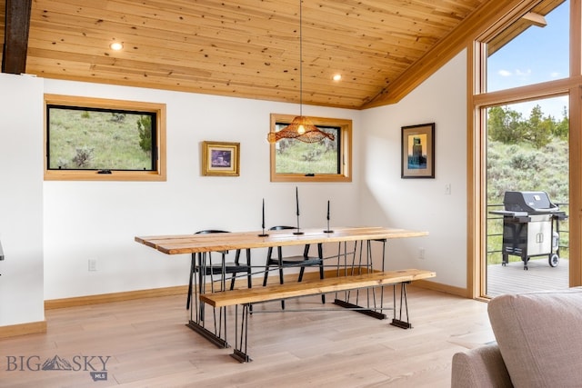 94 Rock Castle Rd, Manhattan, MT 59741 - dining space featuring lofted ceiling, wood ceiling, a desk, light wood-style flooring, and recessed lighting