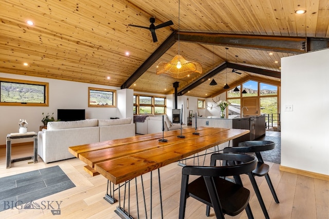 94 Rock Castle Rd, Manhattan, MT 59741 - dining room featuring wooden ceiling, ceiling fan, a wood stove, light wood-style flooring, and recessed lighting