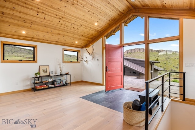 94 Rock Castle Rd, Manhattan, MT 59741 - foyer featuring wooden ceiling, a mountain view, lofted ceiling, wood finished floors, and recessed lighting