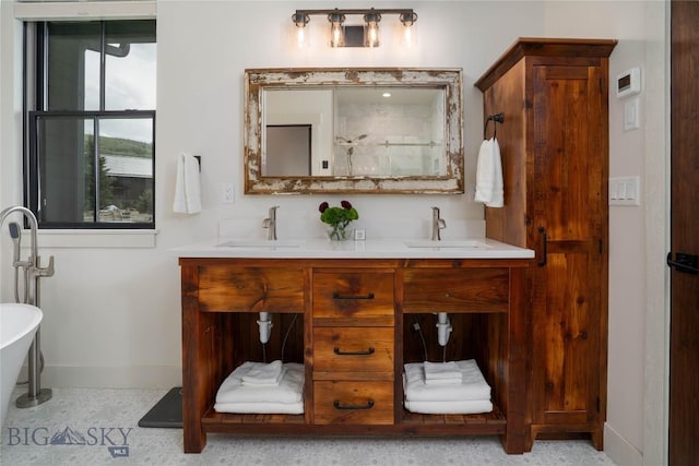 17450 Wilson Creek Rd, Gallatin Gateway, MT 59730 - full bath with double vanity, a freestanding bath, and a shower