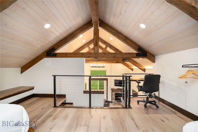 17450 Wilson Creek Rd, Gallatin Gateway, MT 59730 - office with wooden ceiling, wood finished floors, and recessed lighting
