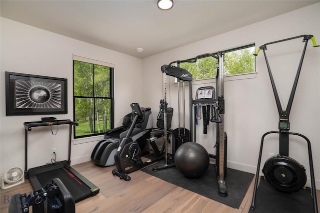 17450 Wilson Creek Rd, Bozeman, MT 59730 - exercise area featuring wood finished floors, healthy amount of natural light, and baseboards