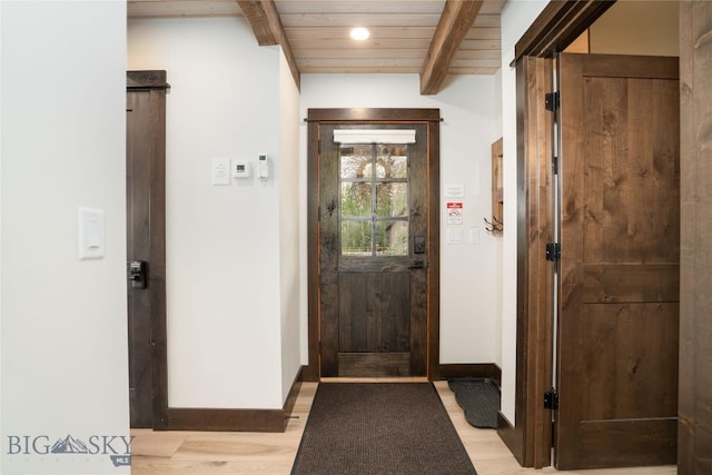 17450 Wilson Creek Rd, Gallatin Gateway, MT 59730 - foyer featuring light wood finished floors, a wood ceiling with exposed beams, and recessed lighting