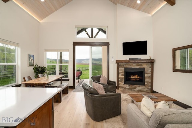 17450 Wilson Creek Rd, Gallatin Gateway, MT 59730 - living room featuring high vaulted ceiling, light wood-style flooring, recessed lighting, a fireplace, and a wood ceiling with exposed beams