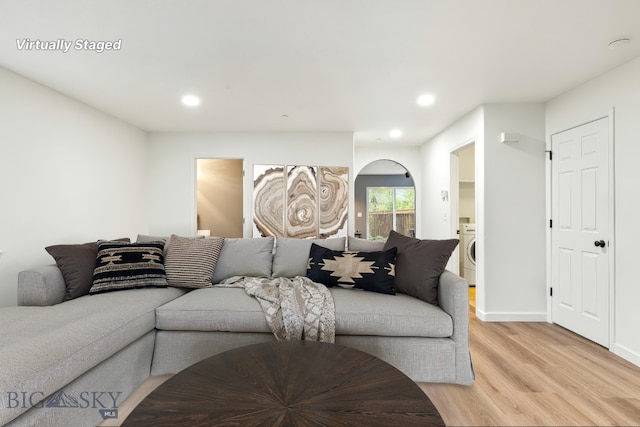185 Chestnut Grove Ave, Bozeman, MT 59718 - living room featuring washer / dryer, light wood finished floors, recessed lighting, and baseboards