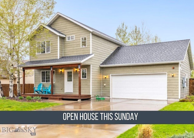 185 Chestnut Grove Ave, Bozeman, MT 59718 - view of front of house featuring a porch, an attached garage, concrete driveway, and roof with shingles