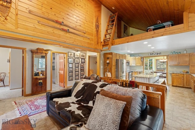 486 Jardine Rd, Jardine, MT 59030 - living room with high vaulted ceiling and wood ceiling