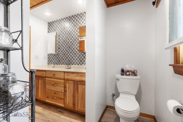 486 Jardine Rd, Jardine, MT 59030 - bathroom featuring toilet, double vanity, wood finished floors, baseboards, and decorative backsplash