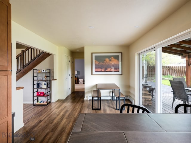 507 Flathead Ave, Bozeman, MT 59718 - dining space featuring dark wood-type flooring, stairs, baseboards, and recessed lighting