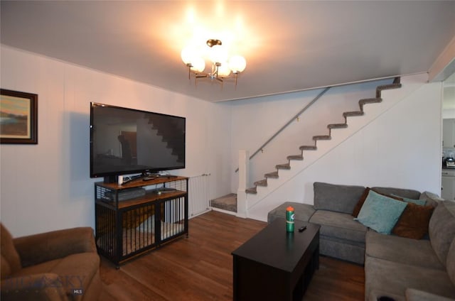 314 S Dakota St, Dillon, MT 59725 - living room featuring stairs, dark wood finished floors, and a chandelier