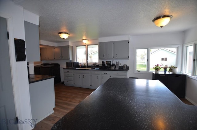 314 S Dakota St, Dillon, MT 59725 - kitchen with dark countertops, dark wood-type flooring, stainless steel microwave, a textured ceiling, and a sink
