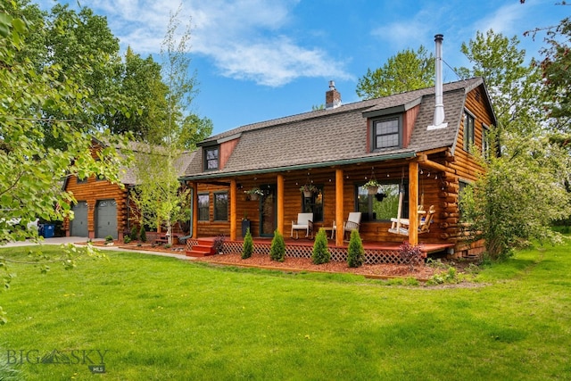 25 Big Chief Trl, Bozeman, MT 59718 - back of house featuring a porch, log exterior, a shingled roof, a yard, and a chimney