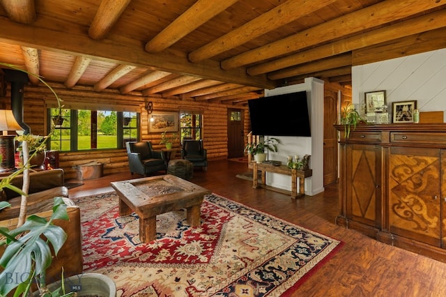 25 Big Chief Trl, Bozeman, MT 59718 - living room featuring log walls, a wooden ceiling with exposed beams, dark wood-type flooring, and a wood stove