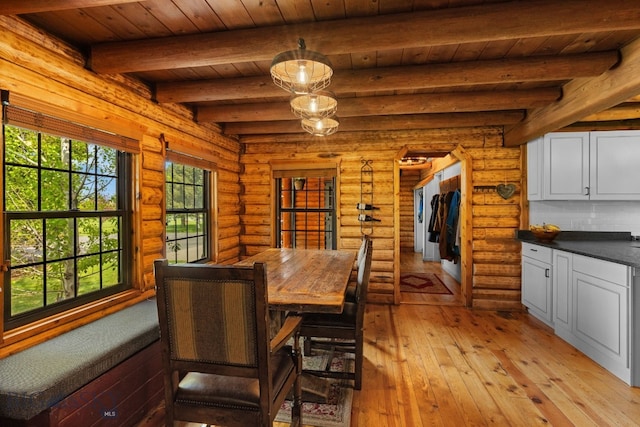 25 Big Chief Trl, Bozeman, MT 59718 - dining area with wood ceiling with exposed beams, light wood-type flooring, and log walls